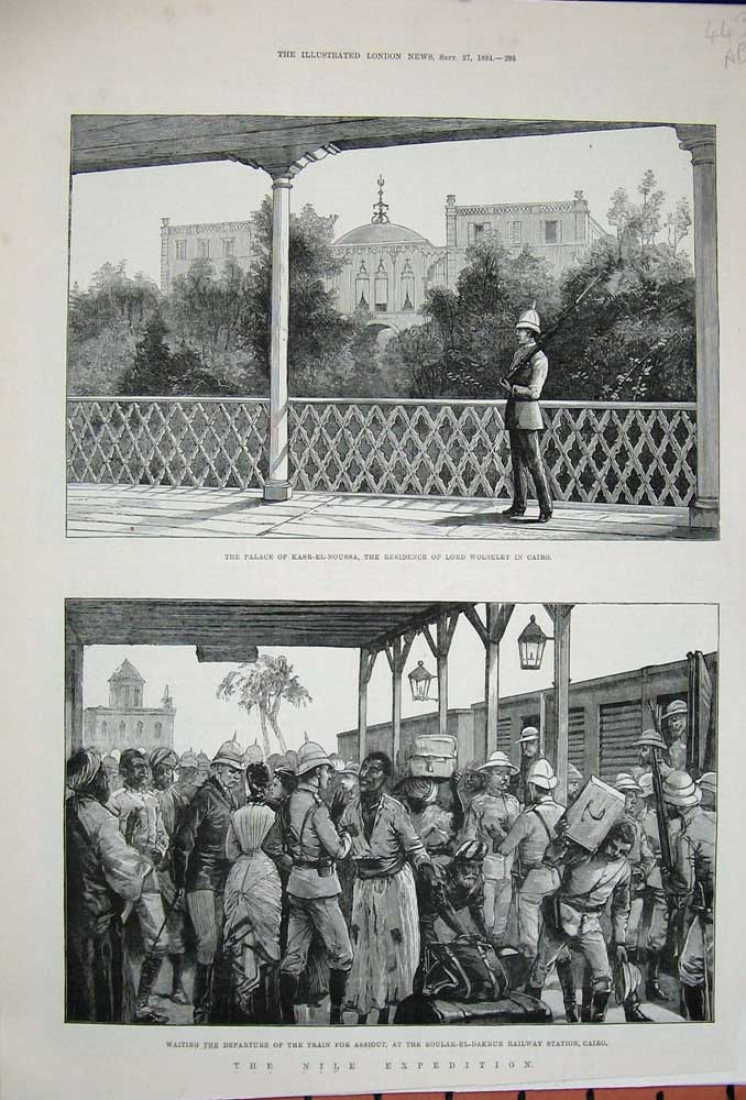 Old Antique Print 1884 Palace Kasr-El-Noussa Wolseley Train Assiout War 19th
