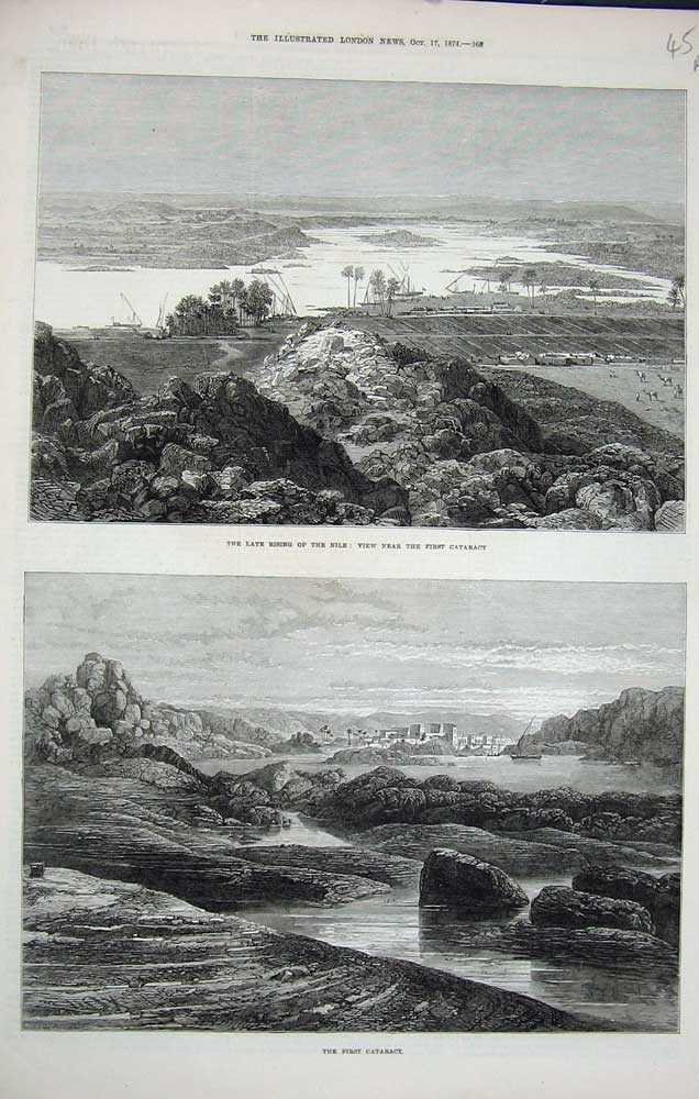 Antique Old Print 1874 Nile Cataract Pyramids Egypt Boulak Dahabeahs Boat 19th