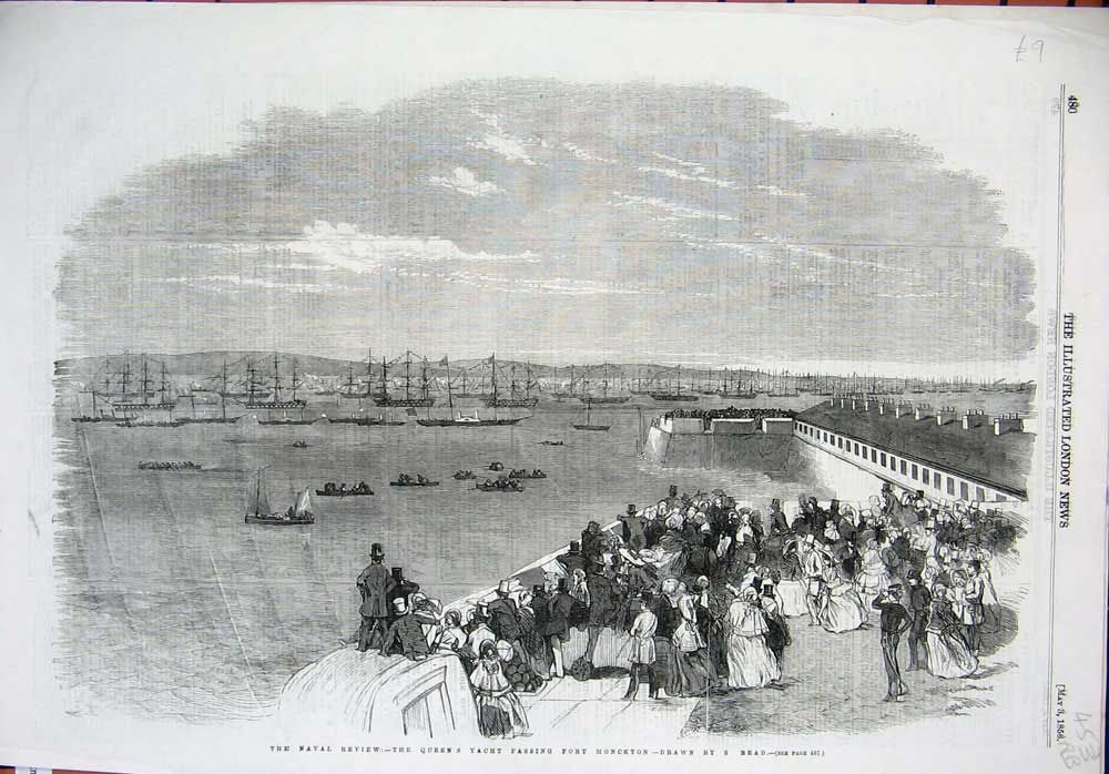 Old Antique Print 1858 Queen Ship Fort Monckton Spithead Southsea Castle 19th