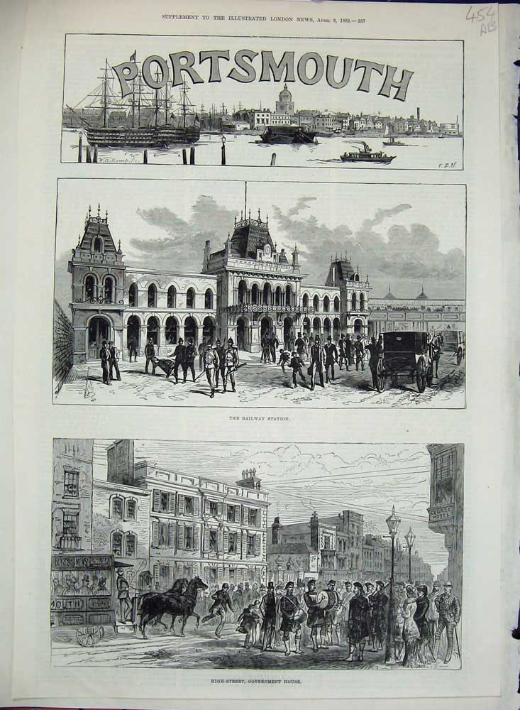Old Antique Print 1862 Portsmouth Railway Government Church Dock Bridge 19th