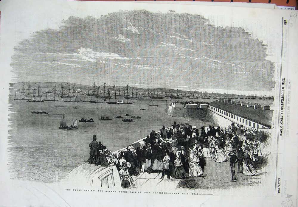 Old Antique Print 1856 Queen Sihp Fort Monckton Southampton Albert Queen 19th