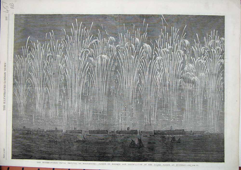 Old Antique Print 1865 Portsmouth Rockets Spithead Ships Illuminations 19th