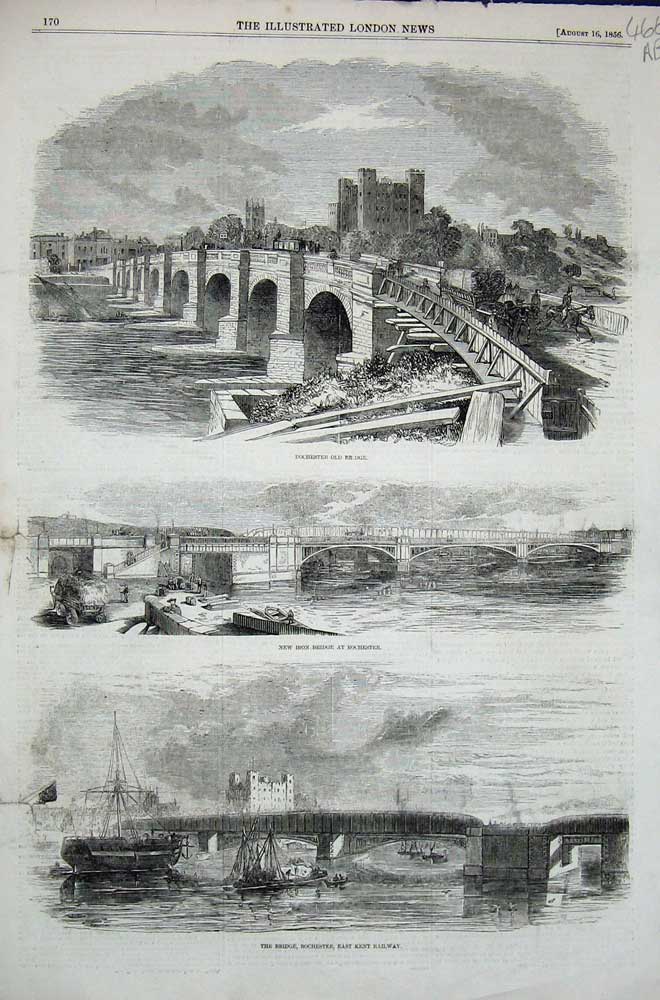 Old Antique Print 1856 Rochester Bridge Railway War Monument Pennycuick 19th