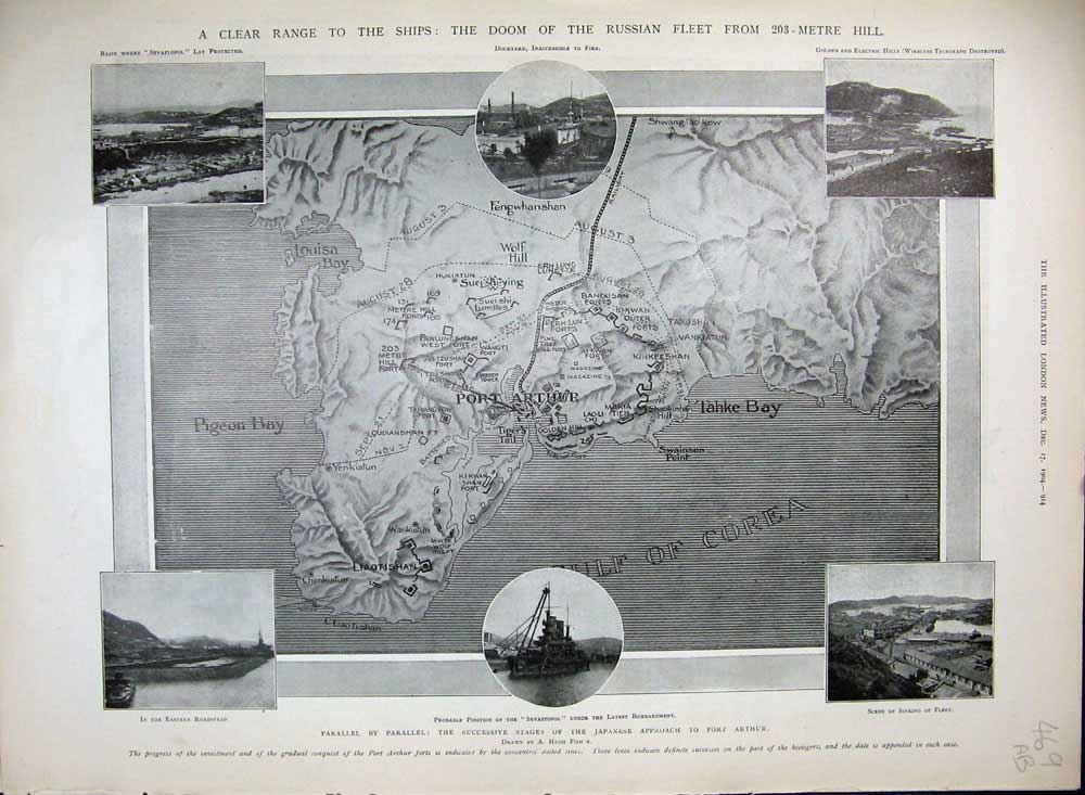 Old Antique Print 1904 Map Russian Parallel Port Arthur Ships Turban War 20th