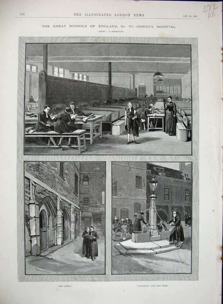 Old Antique Print 1893 England School Chrits'S Hospital Water Pump Giffs 19th