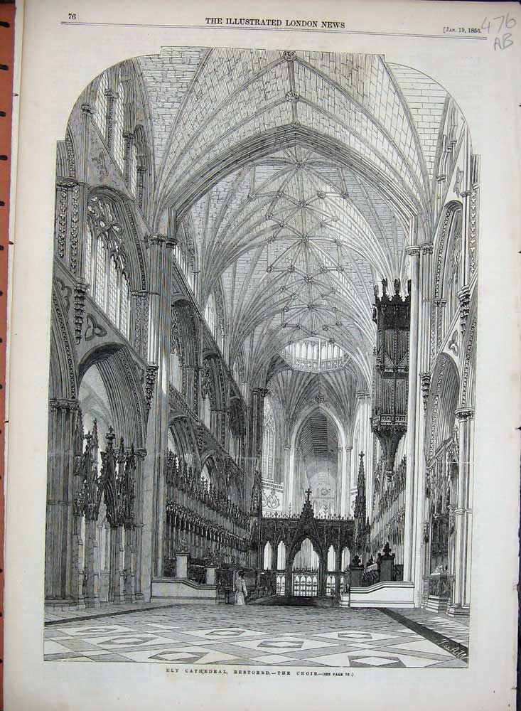 Old Antique Print 1856 Ely Cathedral Choir Octagon Architecture Building 19th