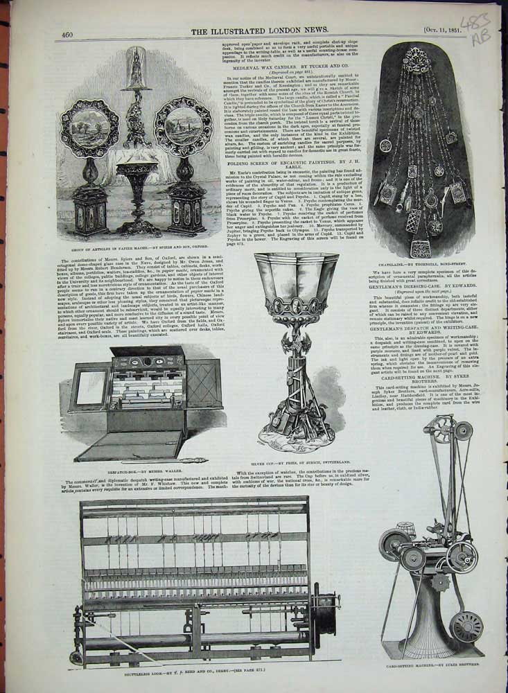 Antique Old Print 1851 Shuttleless Loom Weaving Papier Mache China Paxton 19th