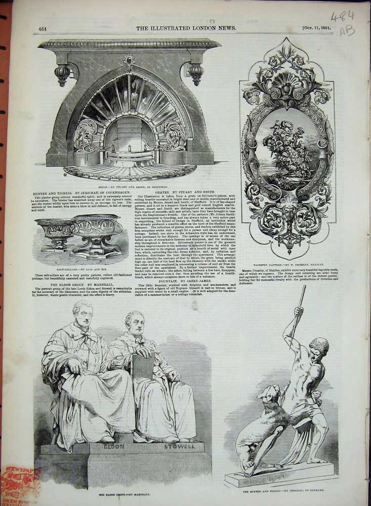 Old Antique Print 1851 Stove Staute Eldon Group Hunter Victory Eve Table 19th