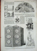 Old Antique Print 1851 Fan Screen Furniture Bedstead Statue Nymph Vase 19th