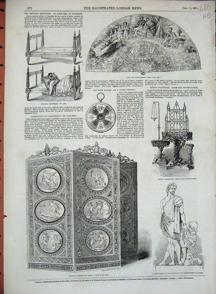 Old Antique Print 1851 Fan Screen Furniture Bedstead Statue Nymph Vase 19th