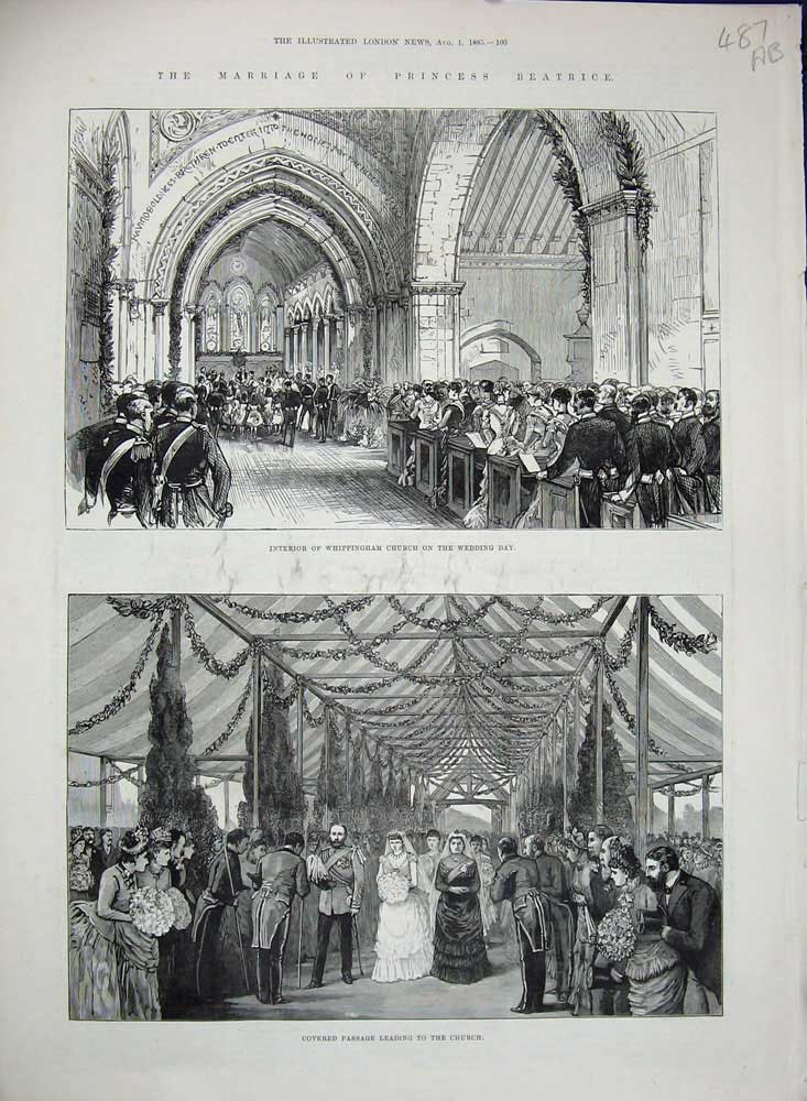 Antique Old Print 1885 Royal Wedding Princess Beatrice Whippingham Church 19th