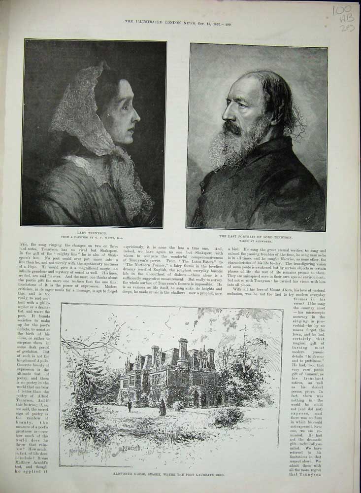 Old Antique Print 1892 Tennyson Lord Aldworth Poet Laureate Isle Wight 19th