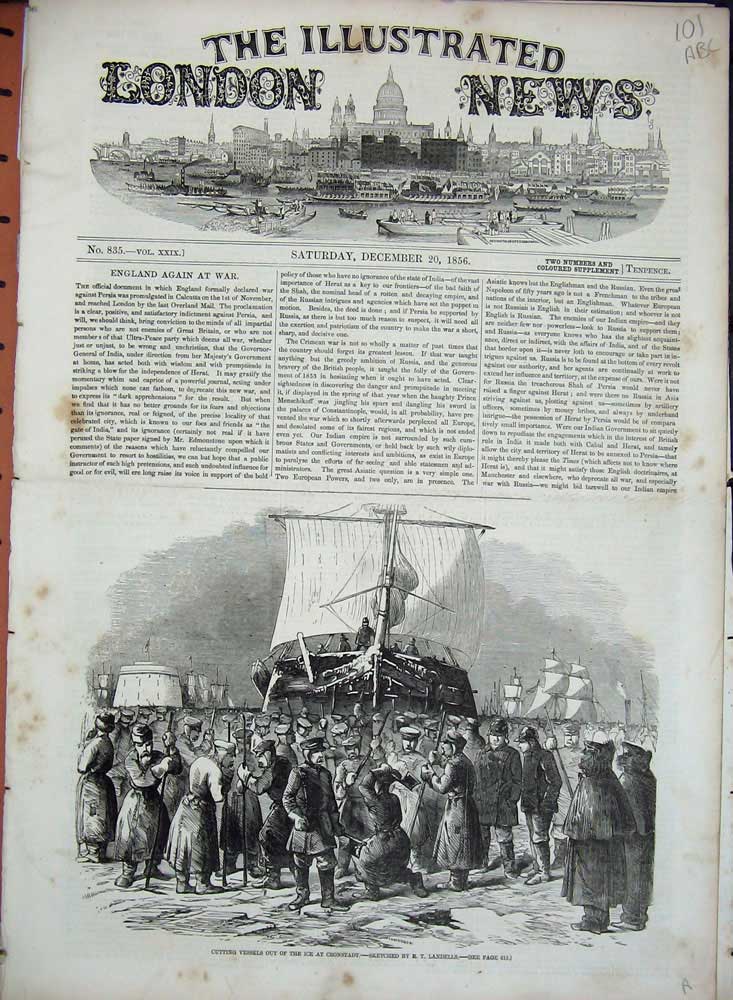 Antique Old Print 1856 Ships Cronstadt Ice Resolute Snow Sledge Passenger 19th