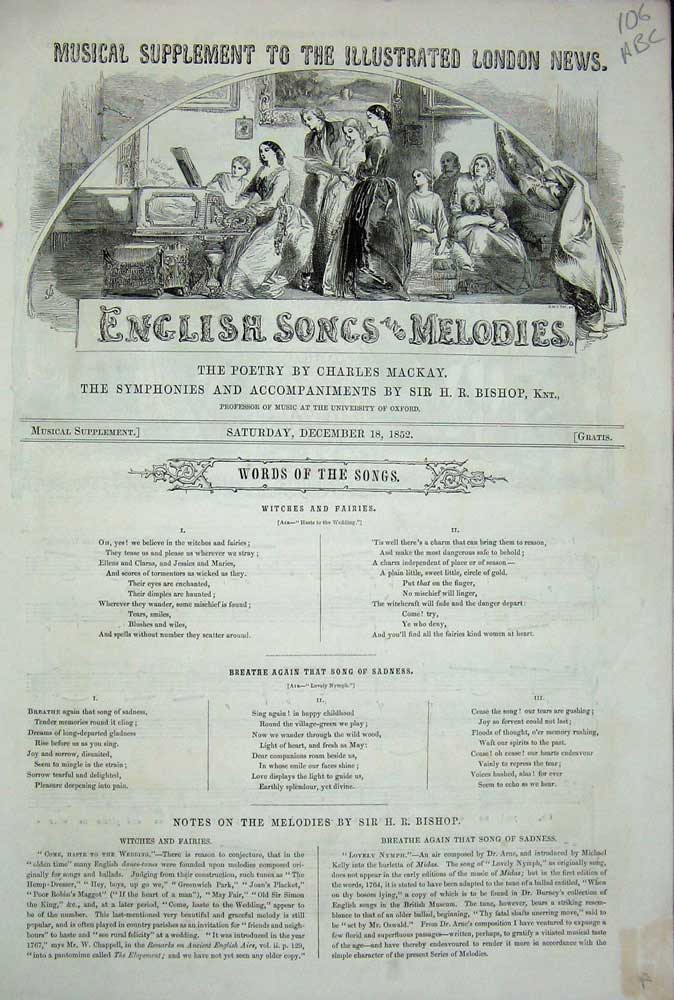 Original Old Antique Print 1852 English Songs Melodies Sadness Music Lyrics