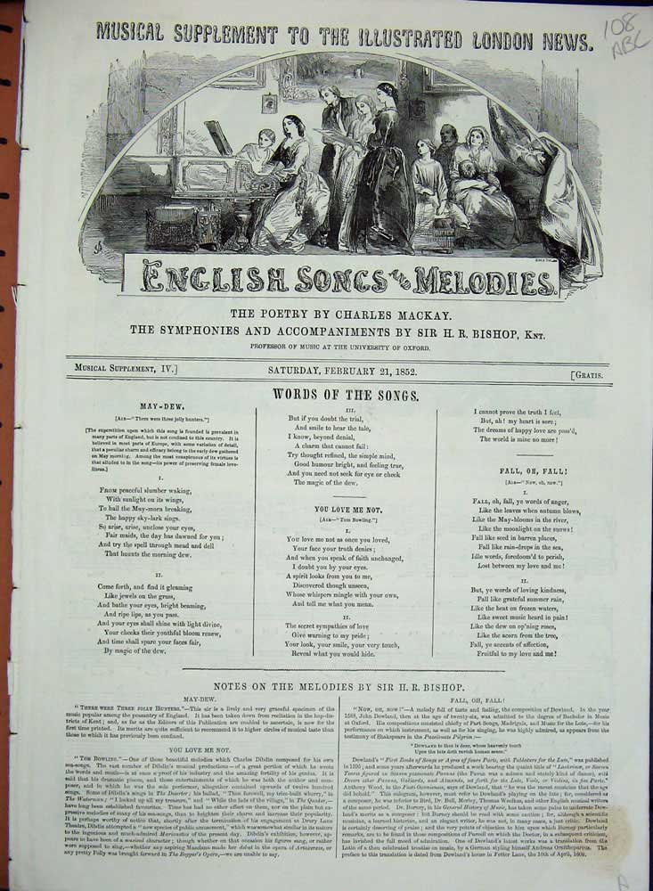Original Old Antique Print 1852 English Songs Melodies May Dew You Love Me Not