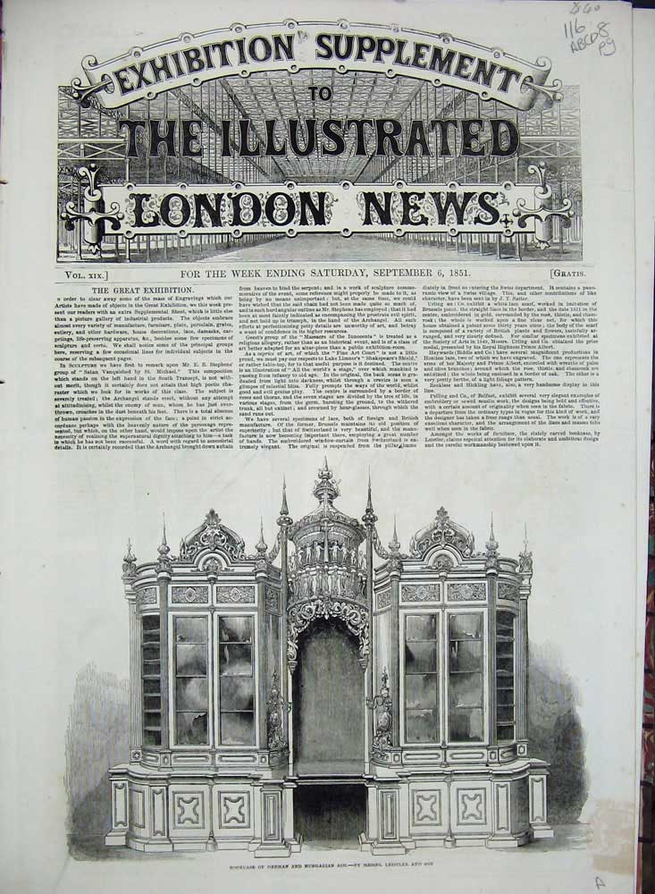 Antique Old Print 1851 Exhibition Bookcase Patterns Statue Shield Daggers 19th