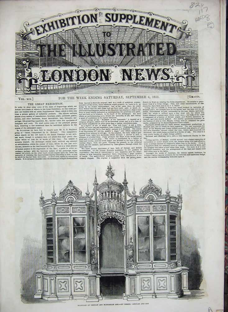 Old Antique Print 1851 Exhibition Bookcase Patterns Statue Shield China 19th