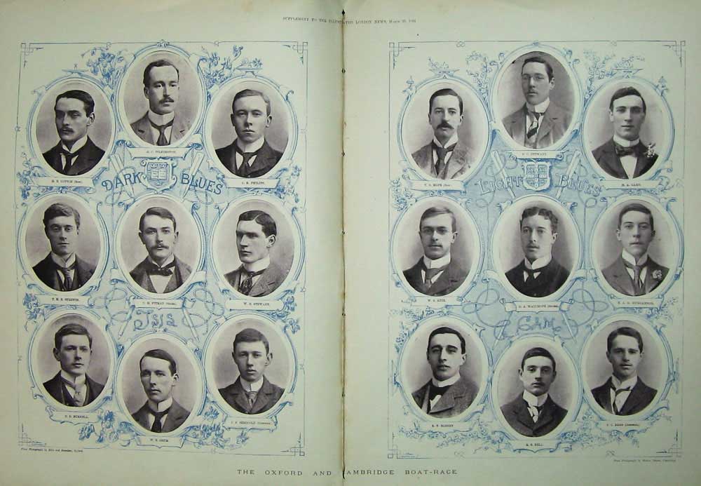 Original Old Antique Print 1895 Oxford Cambridge Boat Race Portrait Crews Men
