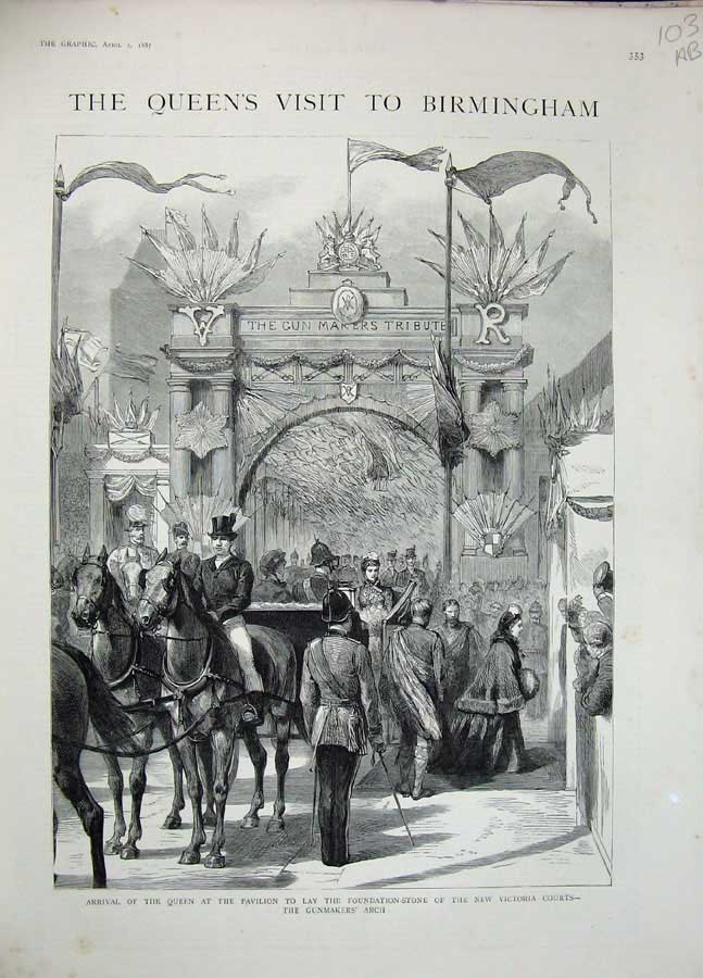 Old Antique Print 1887 Queen Birmingham Victoria Courts Foundation Stone 19th