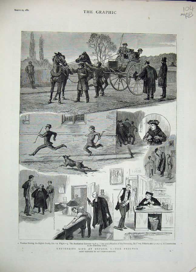 Old Antique Print 1882 University Oxford Proctor School Teachers Horses 19th