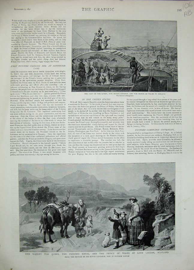 Original Old Antique Print 1891 Prince Queen Ireland Loch Laggan Scotland Rome