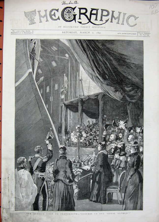 Antique Old Print 1891 Queen Portsmouth Royal Sovereign Ship Arthur Royal 19th