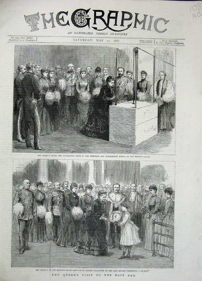 Old Antique Print Queen London 1887 School Mansion House Holborn Horses 19th