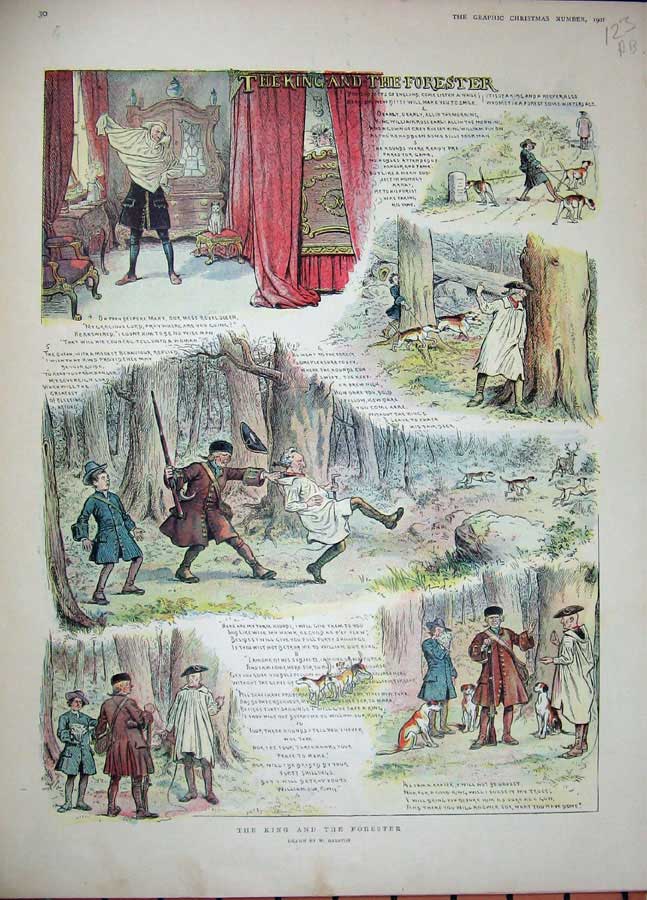 Antique Old Print 1901 Story King And The Forester Men Hunting Sport Dogs 20th
