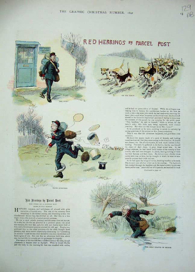 Antique Old Print 1892 Story Red Herring Parcel Post Man Dogs River Sport 19th