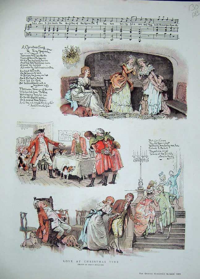 Original Old Antique Print 1889 Colour Story Christmas Music Romance Man Women