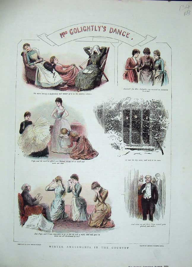 Original Old Antique Print 1889 Winter Amusements Country Men Women Snow Ball