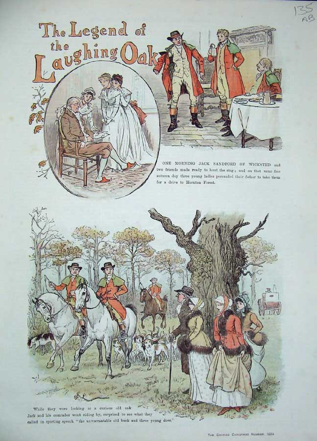 Old Antique Print 1884 Story Legend The Laughing Oak Men Hunting Sport 19th