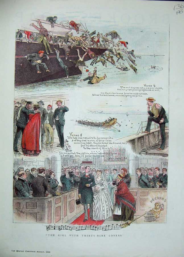 Old Antique Print 1889 Music Song Illustrations Girl Thirty-Nine Lovers 19th
