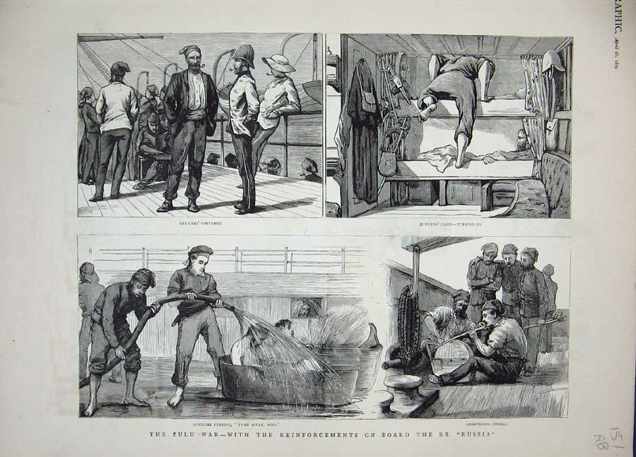 Old Antique Print 1879 Zulu War Ship Russia Officers Weapons Bay Biscay 19th