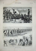 Original Old Antique Print 1879 Zulu War Natives Siers Fort Helpmakaar Camp