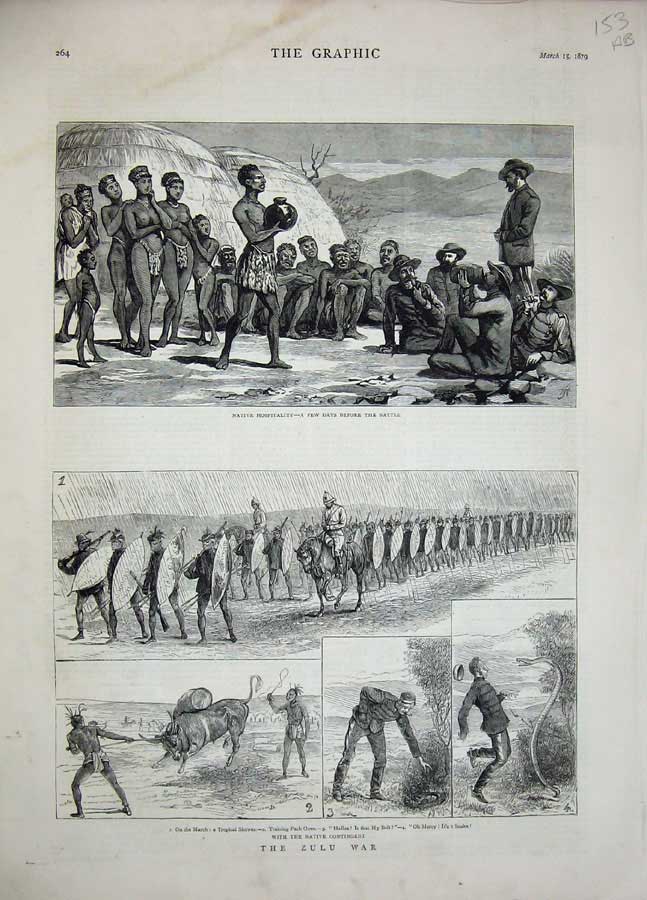 Original Old Antique Print 1879 Zulu War Natives Siers Fort Helpmakaar Camp