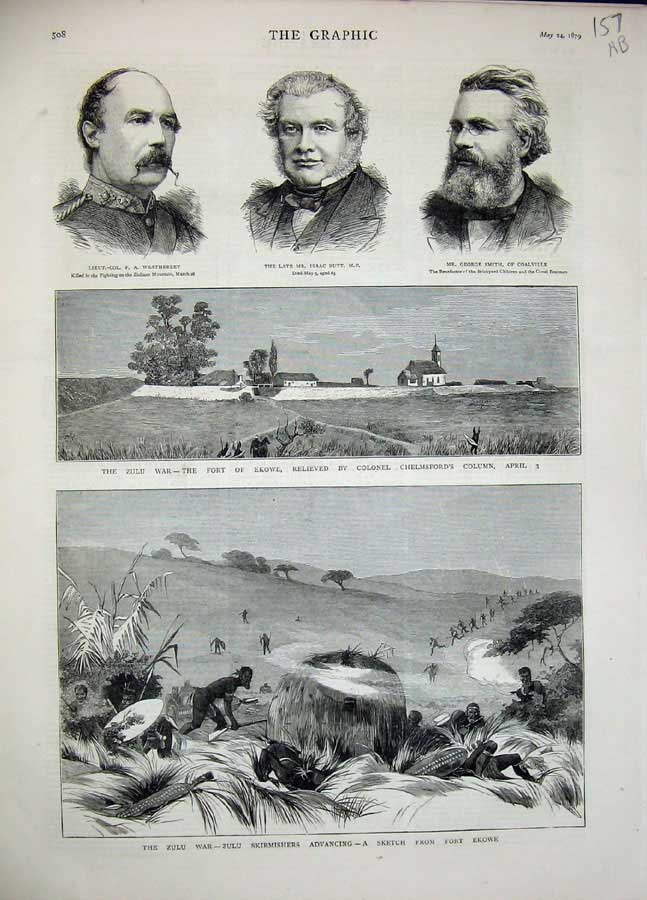 Old Antique Print Zulu War 1879 Butt Smith Weatherley Fort Ekowe Osborne 19th