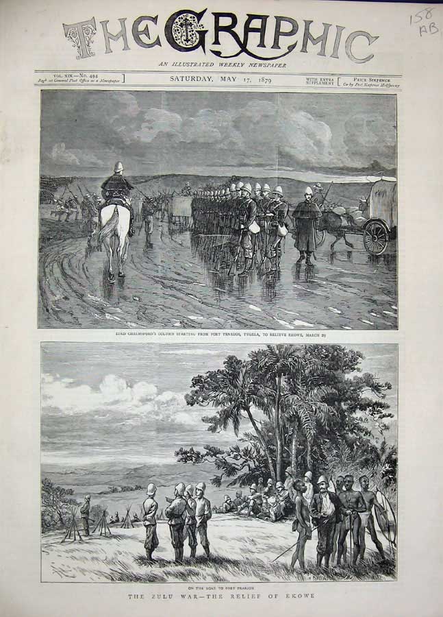 Old Antique Print 1879 Zulu War Chelmsford Fort Pearson Ekowe Kraal Oxen 19th