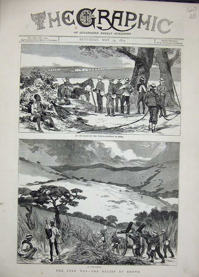 Original Old Antique Print 1879 Zulu War Tugela River Siers Fort Ekowe Weapons