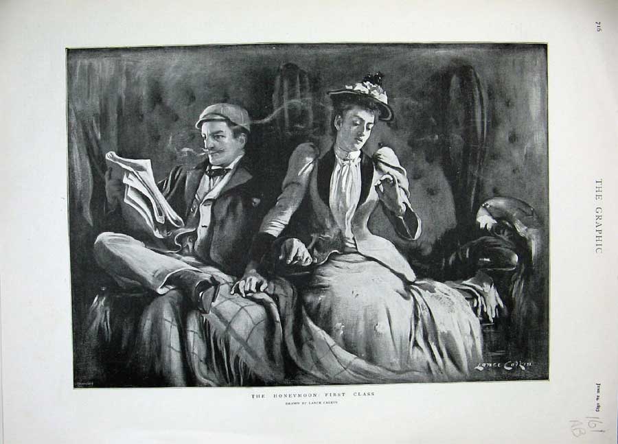 Original Old Antique Print 1893 Man Woman Honeymoon Train Romance First Class