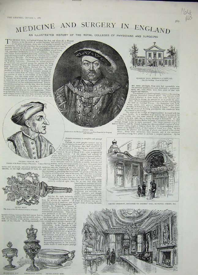 Old Antique Print 1887 Henry Linacre Physician Monkwell College Surgeons 19th