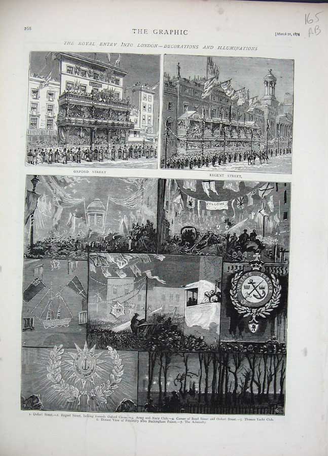 Old Antique Print 1874 London Oxford Regent Buckingham Army Navy Yacht 19th