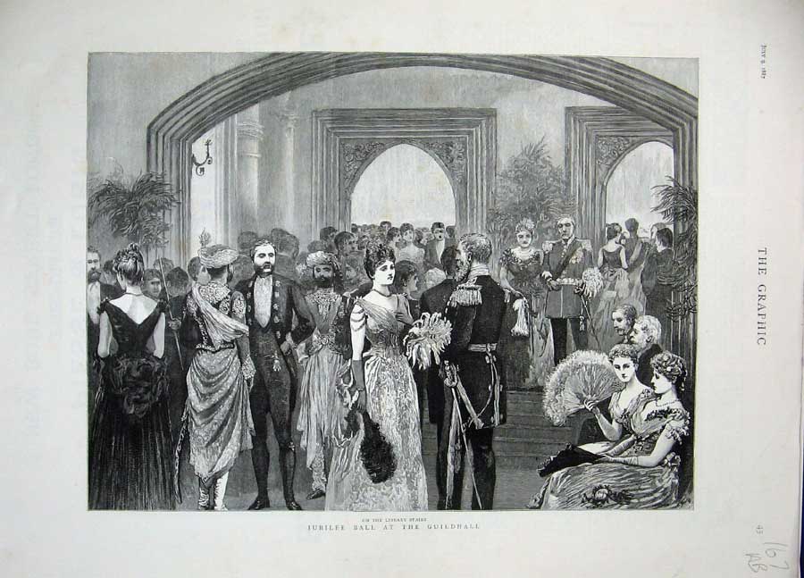 Old Antique Print 1887 Jubilee Ball Guildhall Lord Mayor Library Stairs 19th