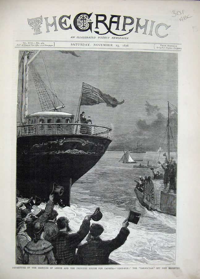 Old Antique Print Marquis Lorne Louise Canada Sarmatian Ship 1878 Train 19th
