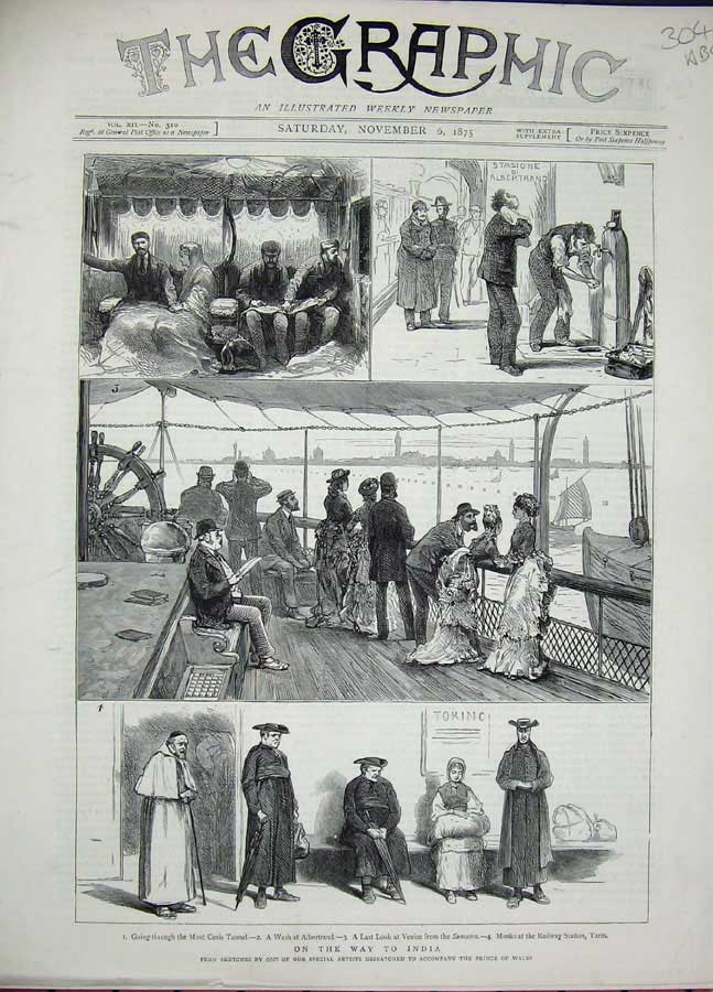 Old Antique Print 1875 Ship India Mont Cenis Tunnel Sumatra Prince Wales 19th
