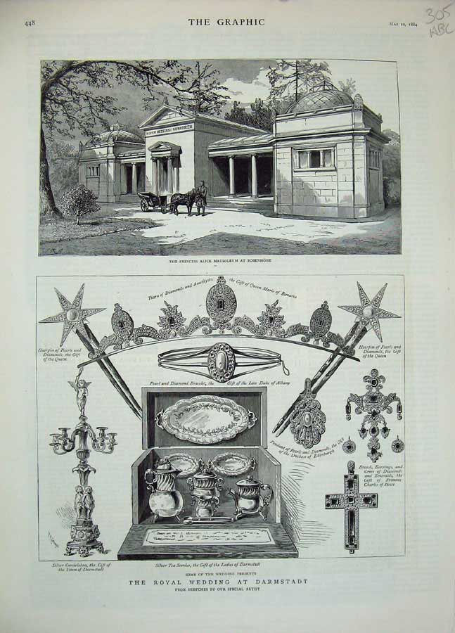 Antique Old Print 1884 Royal Wedding Darmstadt Ludwig Palace Castle Alice 19th