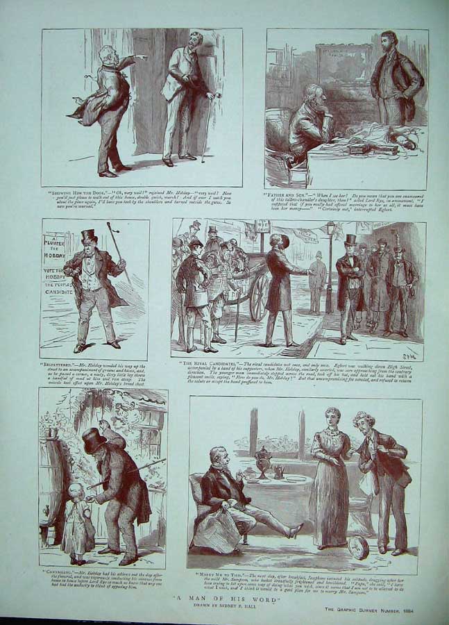 Old Antique Print 1884 Sydney Hall Story Man Wome Romance Horses Sepia 19th