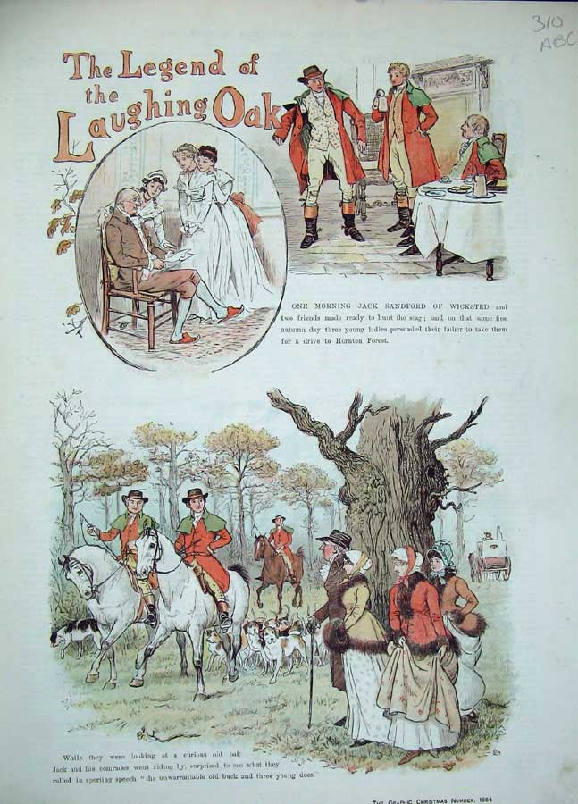 Original Old Antique Print 1884 Story Legend Laughing Oak Hunting Dogs Horses