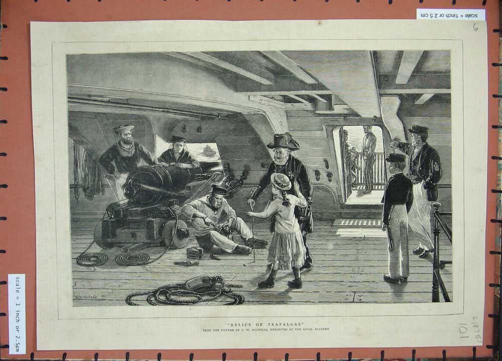 Old Antique Print C1875 War Ship Children Sailors Canon Gun Royal Academy 19th