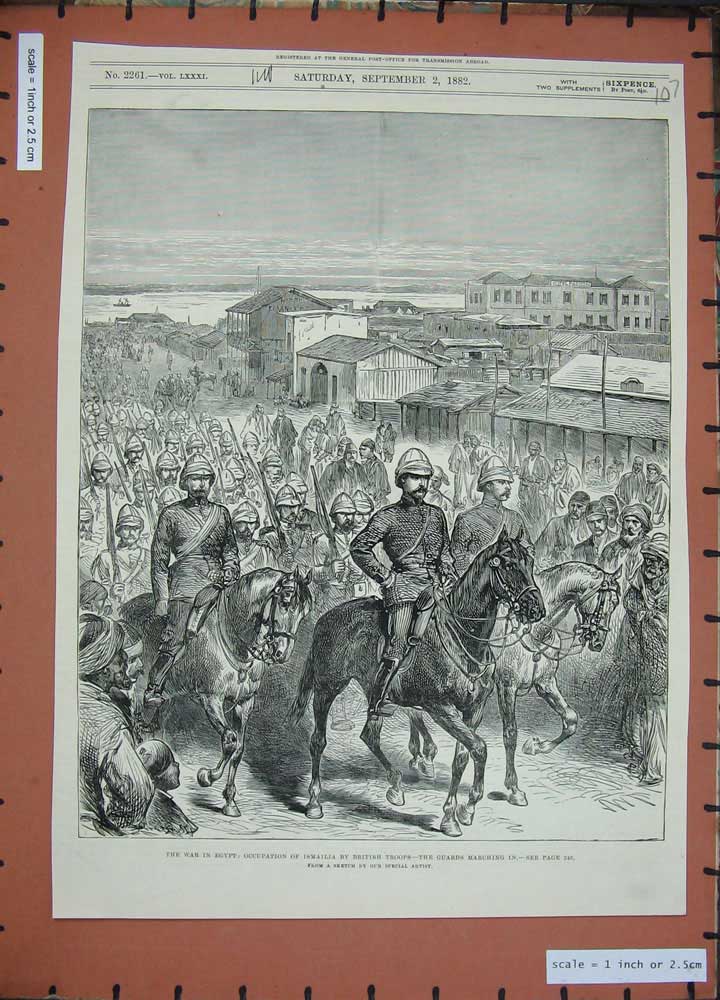 Original Old Antique Print 1882 War Egypt Ismailia British Troops Guards Siers